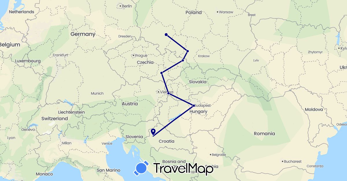TravelMap itinerary: driving in Czech Republic, Croatia, Hungary, Poland, Slovakia (Europe)